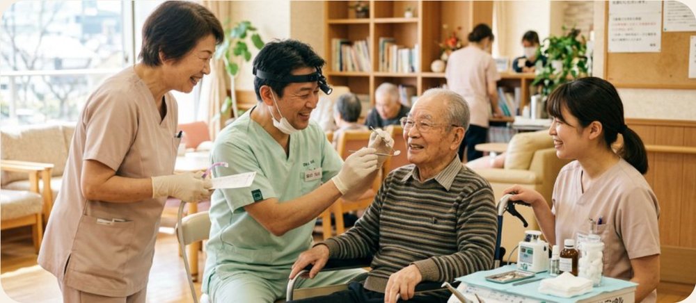 介護施設で、歯科医師と歯科衛生士が利用者さまを診療するイメージ