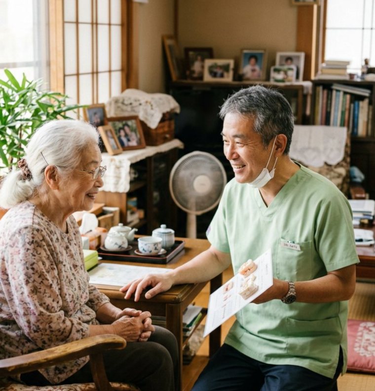 ご自宅で、患者さまと笑顔で話す歯科医師のイメージ
